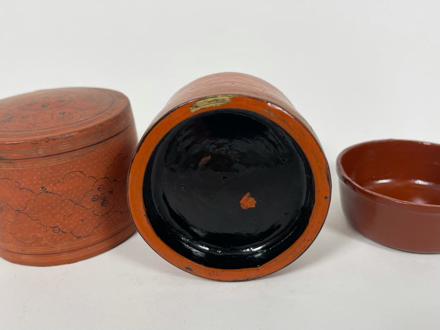 Vintage Burmese Betel Lacquer Handpainted Box 2.75R X 2.75H [Photo 10]