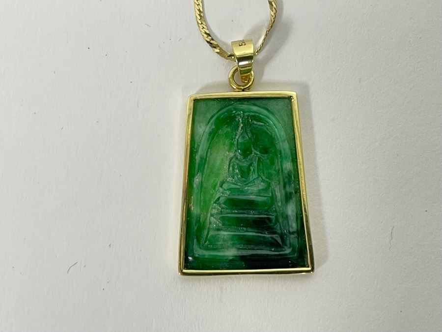 14K Gold Carved Burmese Jade Buddha Pendant With 14K Gold 20' Necklace 6.7g [Photo 10]