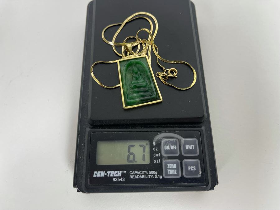 14K Gold Carved Burmese Jade Buddha Pendant With 14K Gold 20' Necklace 6.7g [Photo 17]