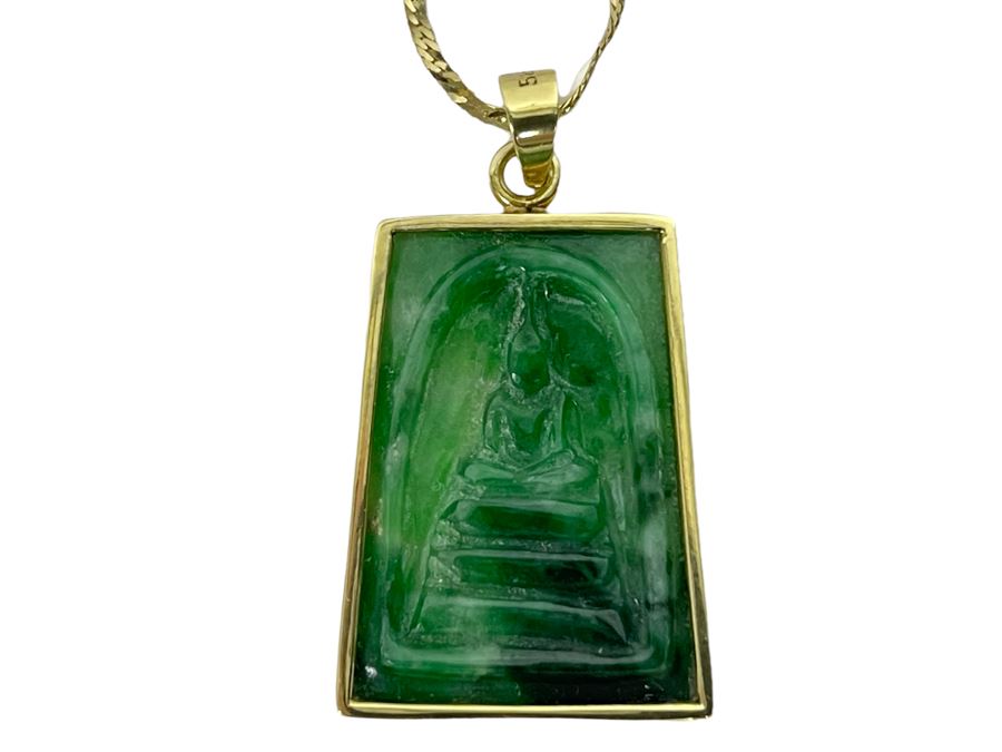 14K Gold Carved Burmese Jade Buddha Pendant With 14K Gold 20' Necklace 6.7g [Photo 2]