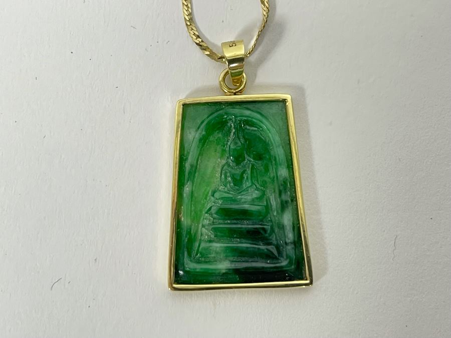 14K Gold Carved Burmese Jade Buddha Pendant With 14K Gold 20' Necklace 6.7g [Photo 11]