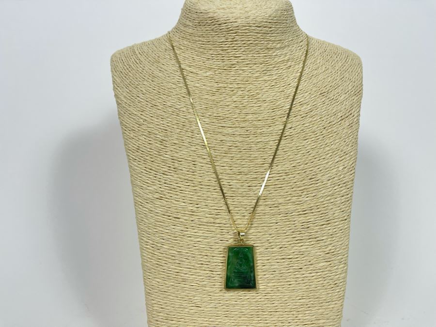 14K Gold Carved Burmese Jade Buddha Pendant With 14K Gold 20' Necklace 6.7g [Photo 4]