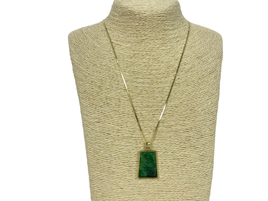 14K Gold Carved Burmese Jade Buddha Pendant With 14K Gold 20' Necklace 6.7g [Photo 3]
