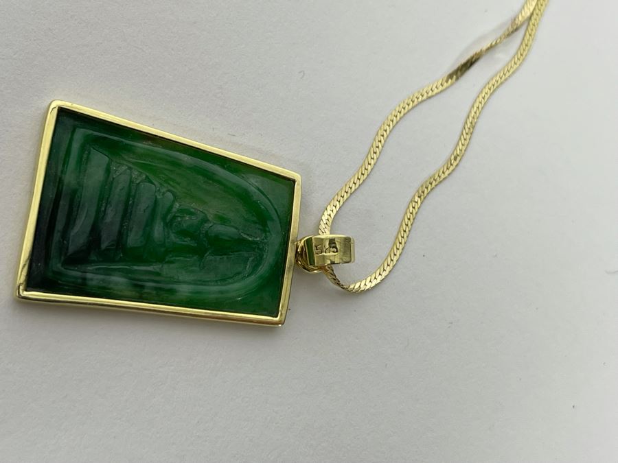 14K Gold Carved Burmese Jade Buddha Pendant With 14K Gold 20' Necklace 6.7g [Photo 13]