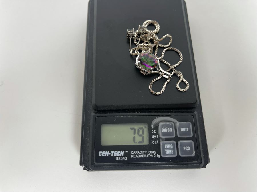 Sterling Silver Stone Pendant 20' Box Chain Necklace With Matching Earrings 7.9g [Photo 17]