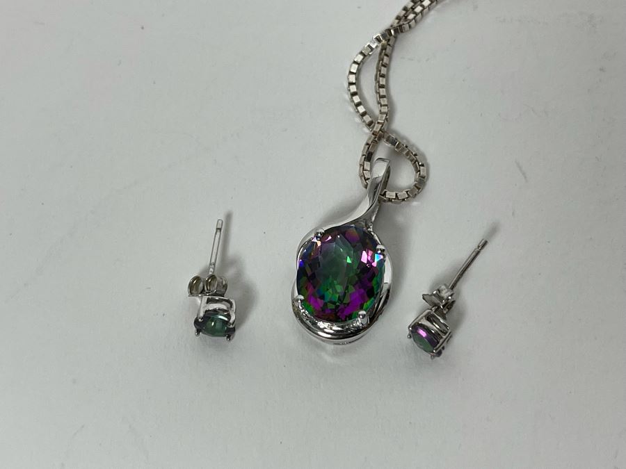 Sterling Silver Stone Pendant 20' Box Chain Necklace With Matching Earrings 7.9g [Photo 15]