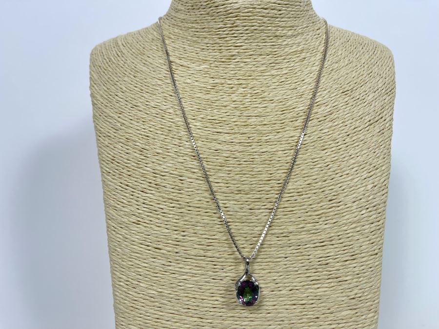 Sterling Silver Stone Pendant 20' Box Chain Necklace With Matching Earrings 7.9g [Photo 2]