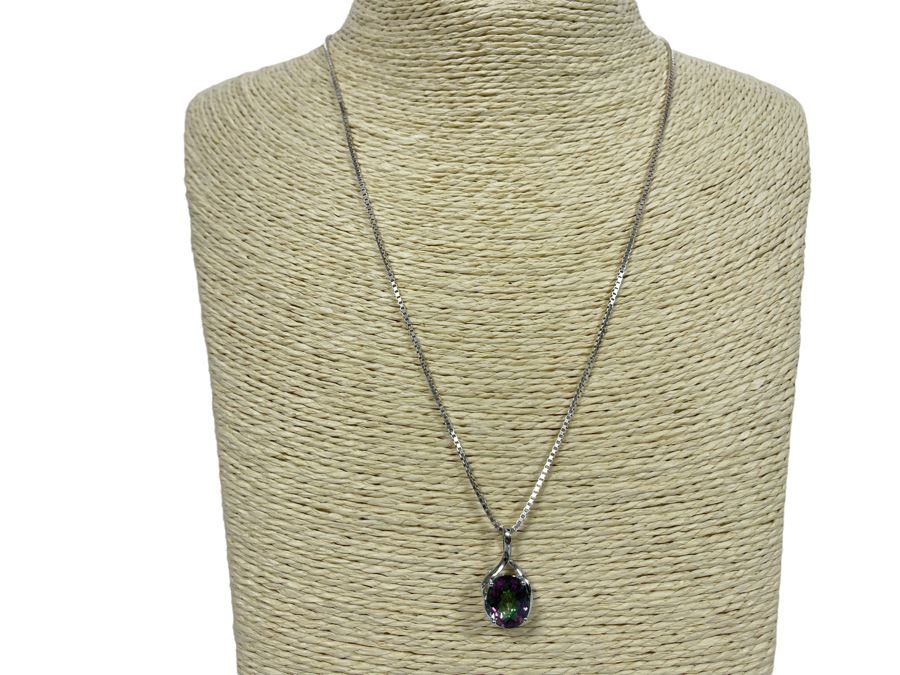 Sterling Silver Stone Pendant 20' Box Chain Necklace With Matching Earrings 7.9g [Photo 14]
