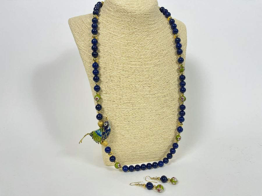 Vintage Cloisonne Bird 30' Necklace With Matching Earrings [Photo 3]
