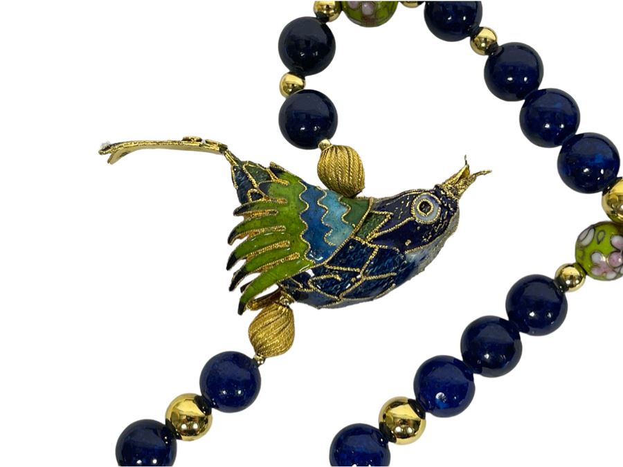 Vintage Cloisonne Bird 30' Necklace With Matching Earrings [Photo 2]