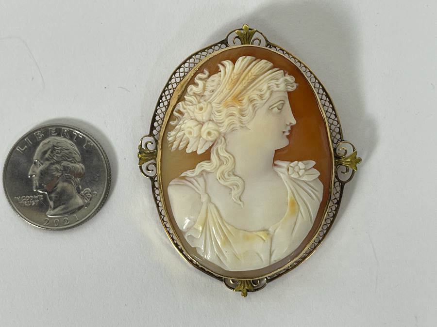 10K-14K Gold Cameo Brooch Pendant 2W X 2.25H 17.2g Retails $450 [Photo 10]