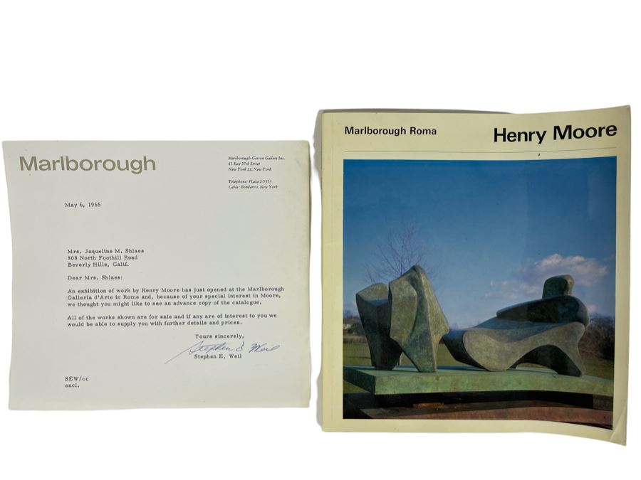 Vintage 1965 Marlborough Roma Gallery Henry Moore Auction Exhibit Catalog With Personalized Letter To Jaqueline Shlaes (Littlefield)