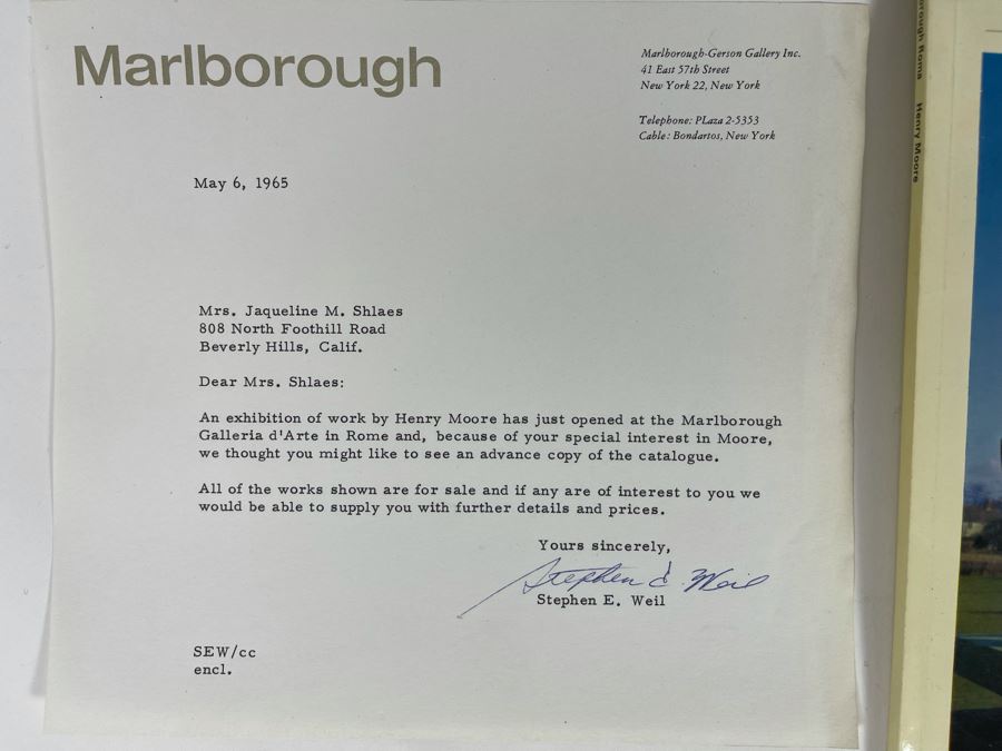 Vintage 1965 Marlborough Roma Gallery Henry Moore Auction Exhibit Catalog With Personalized Letter To Jaqueline Shlaes (Littlefield) [Photo 3]