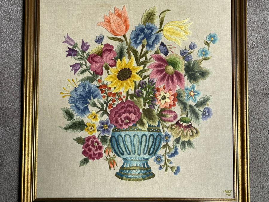 Detailed Needlepoint Still Life Artwork Framed Signed 1970 24W X 26H [Photo 4]