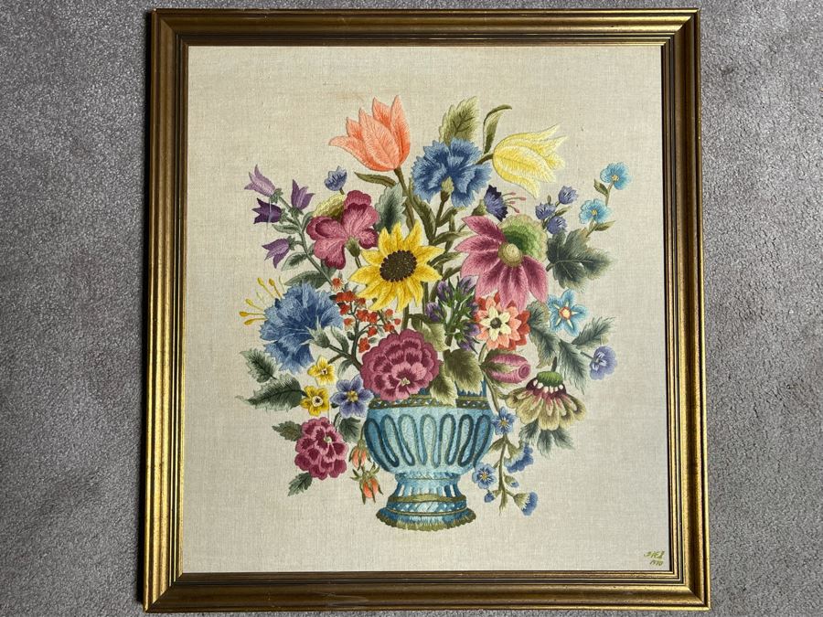 Detailed Needlepoint Still Life Artwork Framed Signed 1970 24W X 26H [Photo 3]