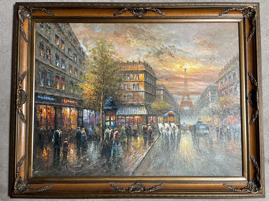 Large Framed Paris City Scene Artwork With Eifel Tower In Background Frame Measures 57.5 X 45.5 [Photo 2]