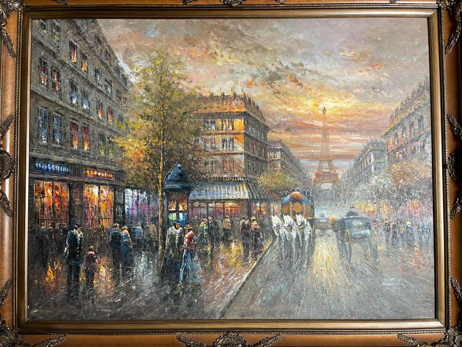 Large Framed Paris City Scene Artwork With Eifel Tower In Background Frame Measures 57.5 X 45.5 [Photo 4]