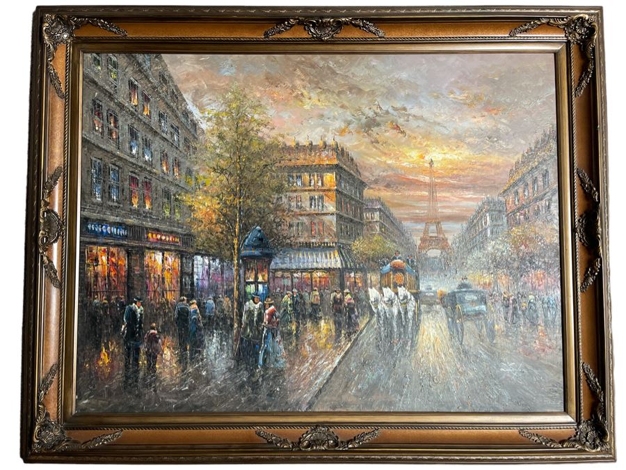 Large Framed Paris City Scene Artwork With Eifel Tower In Background Frame Measures 57.5 X 45.5