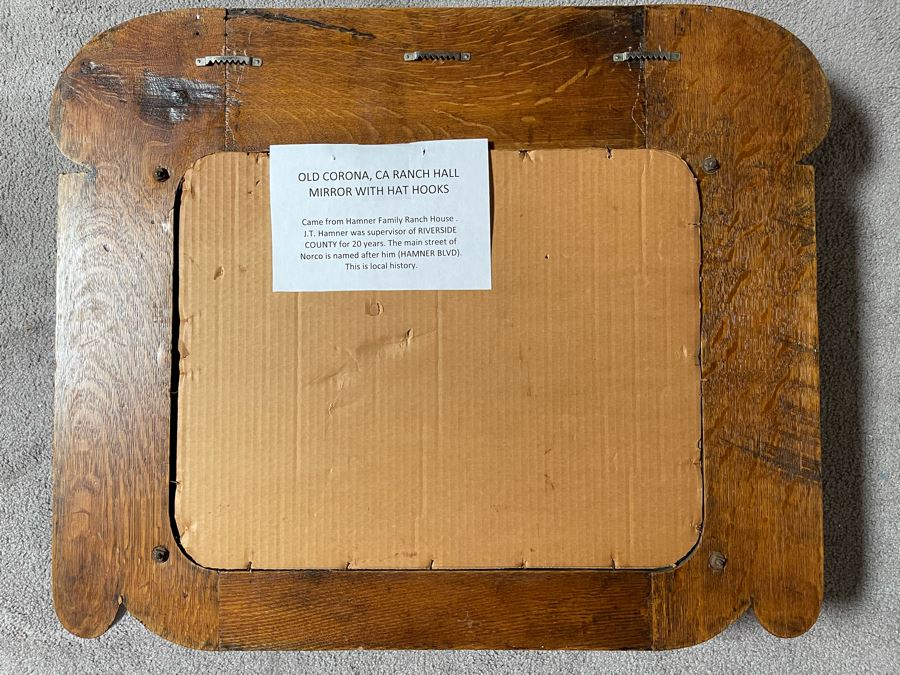 Old Oak Corona, CA Ranch Hall Mirror With Hat Hooks [Photo 8]
