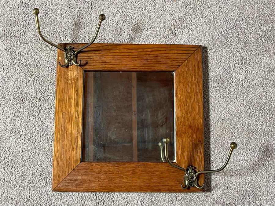 Old Oak Corona, CA Ranch Hall Mirror With Hat Hooks 15.5W X 15.5H [Photo 3]