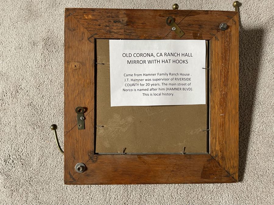 Old Oak Corona, CA Ranch Hall Mirror With Hat Hooks 15.5W X 15.5H [Photo 6]