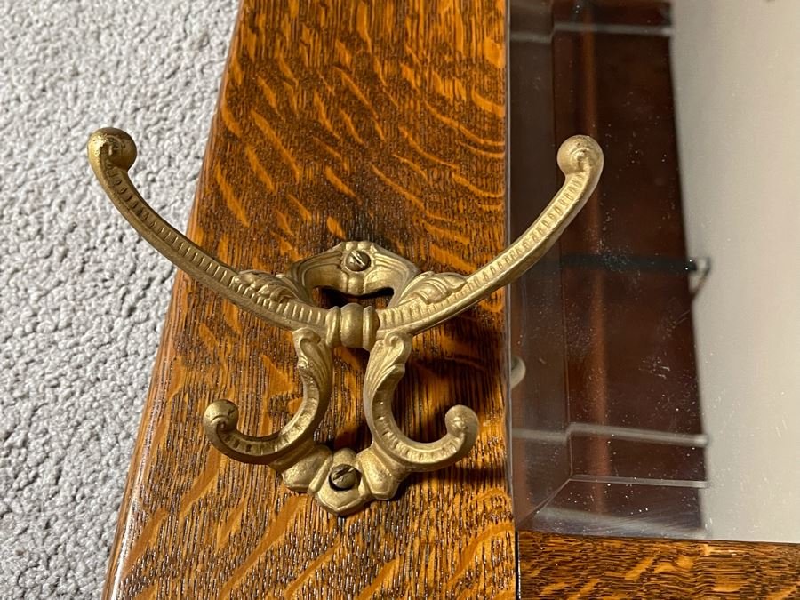 Vintage Tiger Oak Wall Mirror With Hooks 23 X 31.5 [Photo 6]