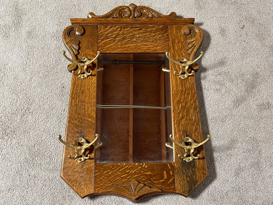 Vintage Tiger Oak Wall Mirror With Hooks 23 X 31.5 [Photo 4]