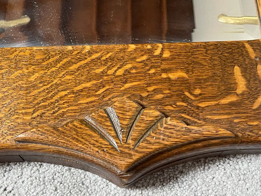 Vintage Tiger Oak Wall Mirror With Hooks 23 X 31.5 [Photo 5]