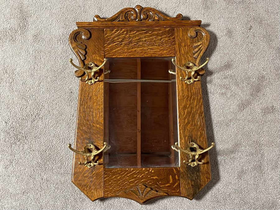 Vintage Tiger Oak Wall Mirror With Hooks 23 X 31.5 [Photo 2]