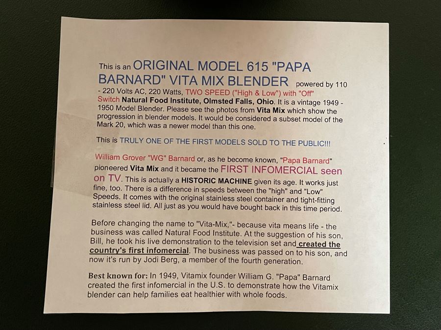 Vintage 1949-1950 Original Model 615 'Papa Barnard' Vita Mix Blender Model Featured In First Infomercial Seen On TV - Working [Photo 7]