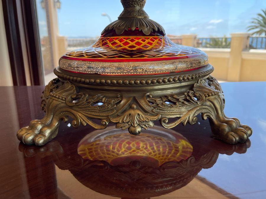 Large Etched Glass And Metal Centerpiece Footed Bowl 35W X 14D X 24H [Photo 11]