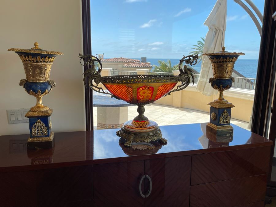 Large Etched Glass And Metal Centerpiece Footed Bowl 35W X 14D X 24H [Photo 16]