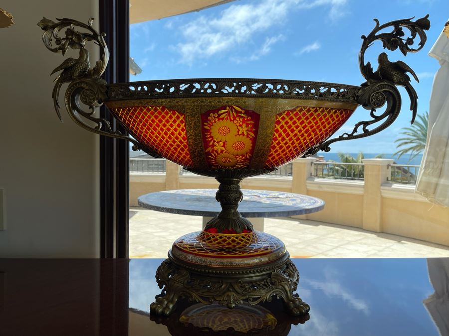 Large Etched Glass And Metal Centerpiece Footed Bowl 35W X 14D X 24H [Photo 12]