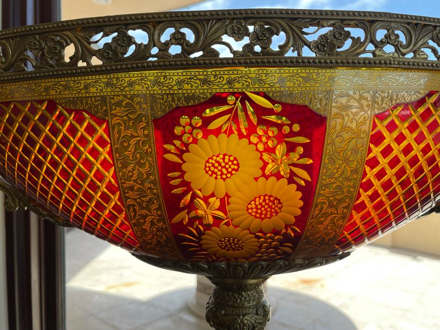 Large Etched Glass And Metal Centerpiece Footed Bowl 35W X 14D X 24H [Photo 4]