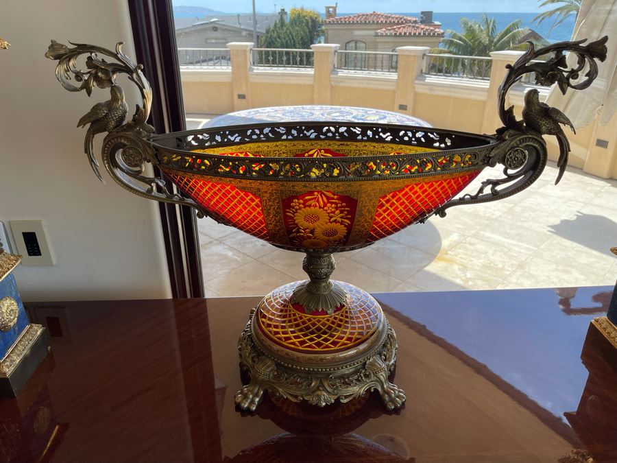Large Etched Glass And Metal Centerpiece Footed Bowl 35W X 14D X 24H [Photo 2]