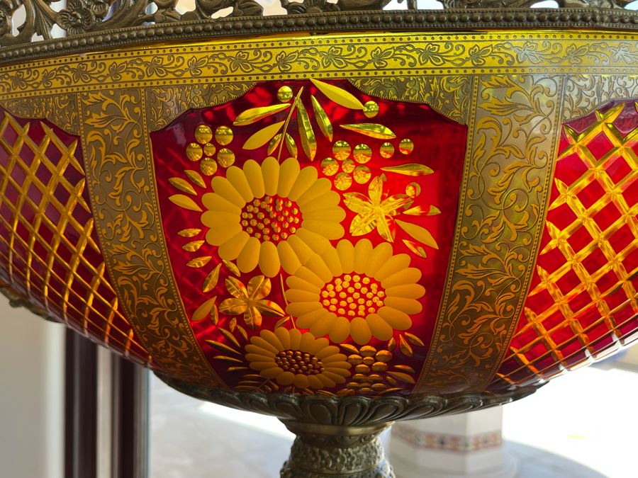 Large Etched Glass And Metal Centerpiece Footed Bowl 35W X 14D X 24H [Photo 19]