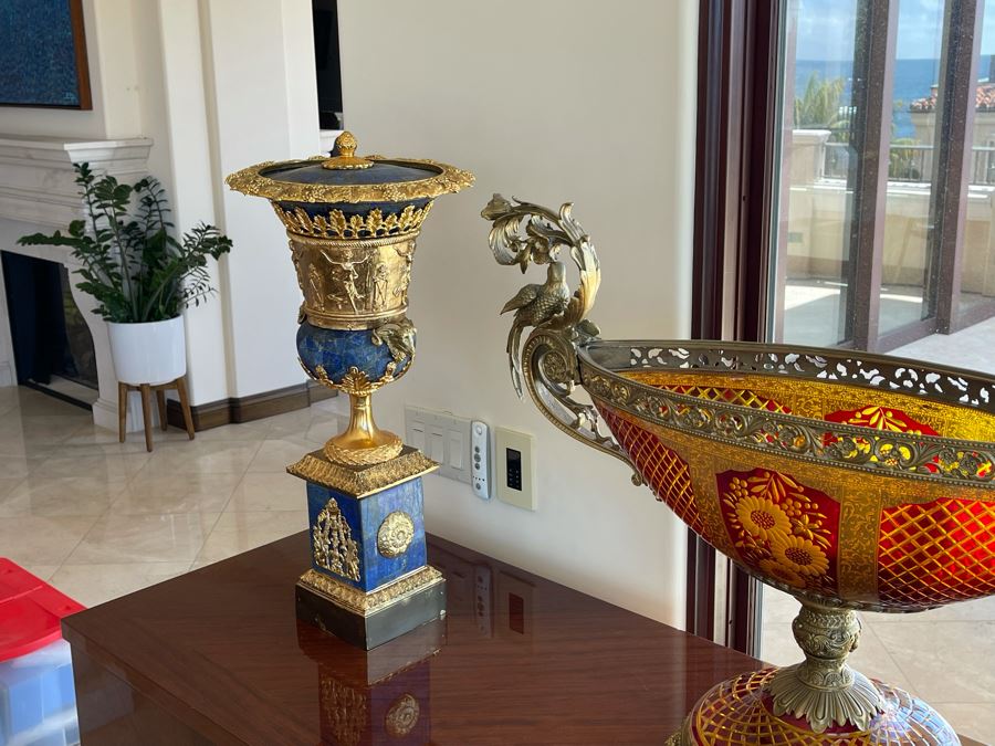 Large Etched Glass And Metal Centerpiece Footed Bowl 35W X 14D X 24H [Photo 18]