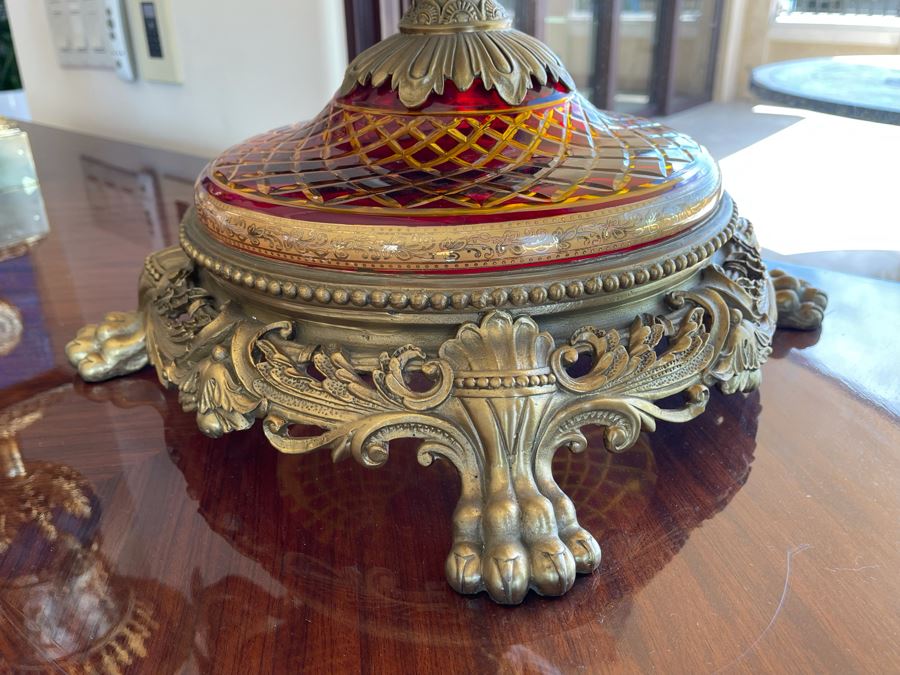 Large Etched Glass And Metal Centerpiece Footed Bowl 35W X 14D X 24H [Photo 10]