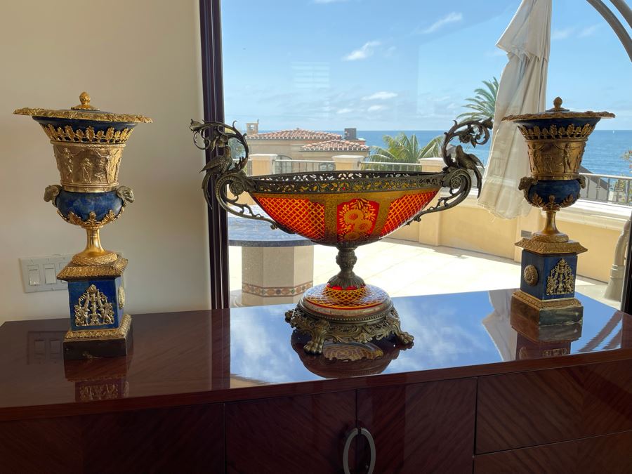 Large Etched Glass And Metal Centerpiece Footed Bowl 35W X 14D X 24H [Photo 14]