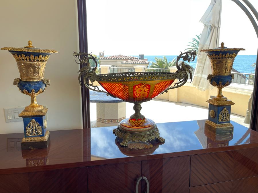 Large Etched Glass And Metal Centerpiece Footed Bowl 35W X 14D X 24H [Photo 15]