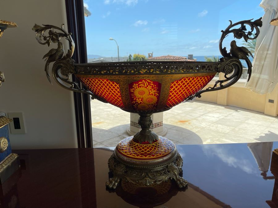 Large Etched Glass And Metal Centerpiece Footed Bowl 35W X 14D X 24H [Photo 3]