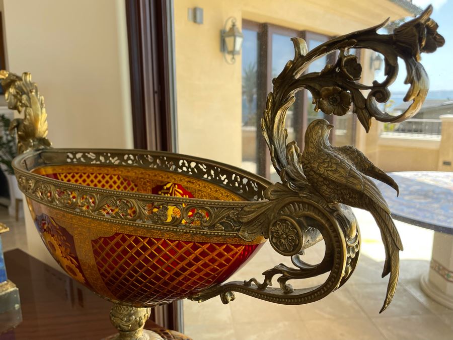 Large Etched Glass And Metal Centerpiece Footed Bowl 35W X 14D X 24H [Photo 8]