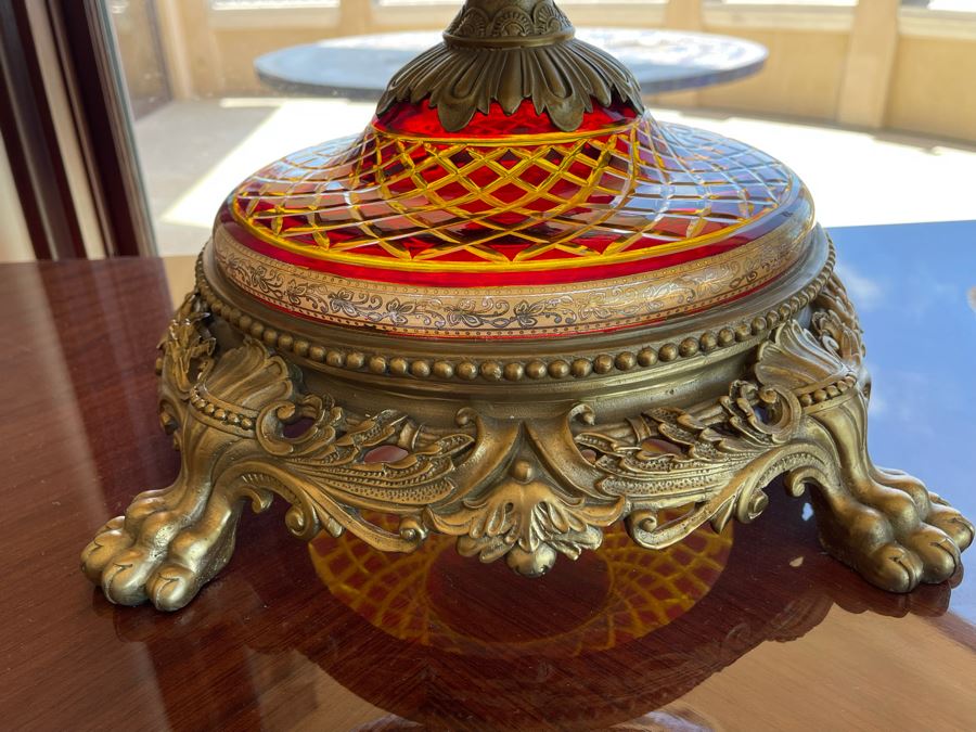 Large Etched Glass And Metal Centerpiece Footed Bowl 35W X 14D X 24H [Photo 5]