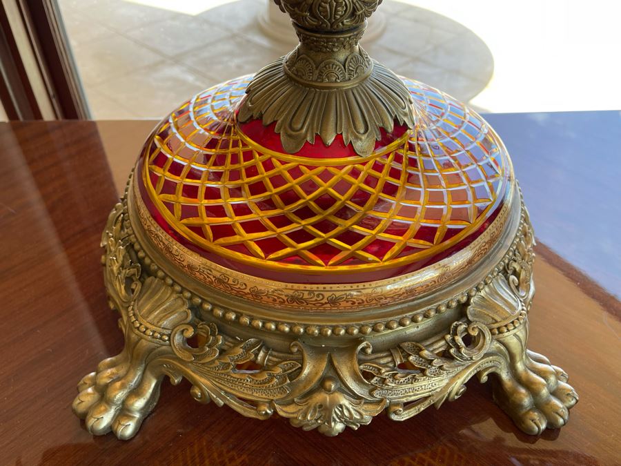 Large Etched Glass And Metal Centerpiece Footed Bowl 35W X 14D X 24H [Photo 6]