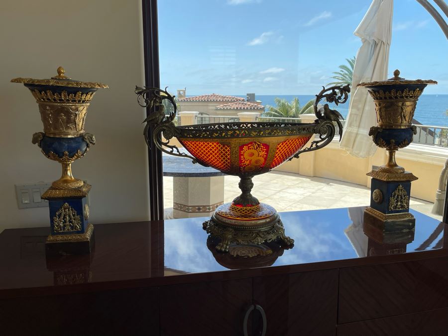 Large Etched Glass And Metal Centerpiece Footed Bowl 35W X 14D X 24H [Photo 13]