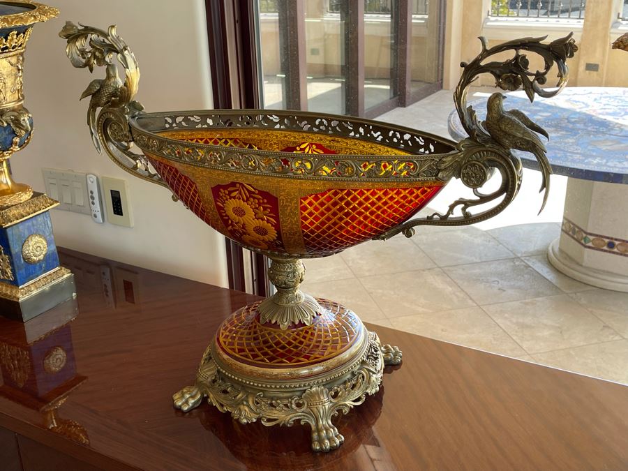 Large Etched Glass And Metal Centerpiece Footed Bowl 35W X 14D X 24H [Photo 17]