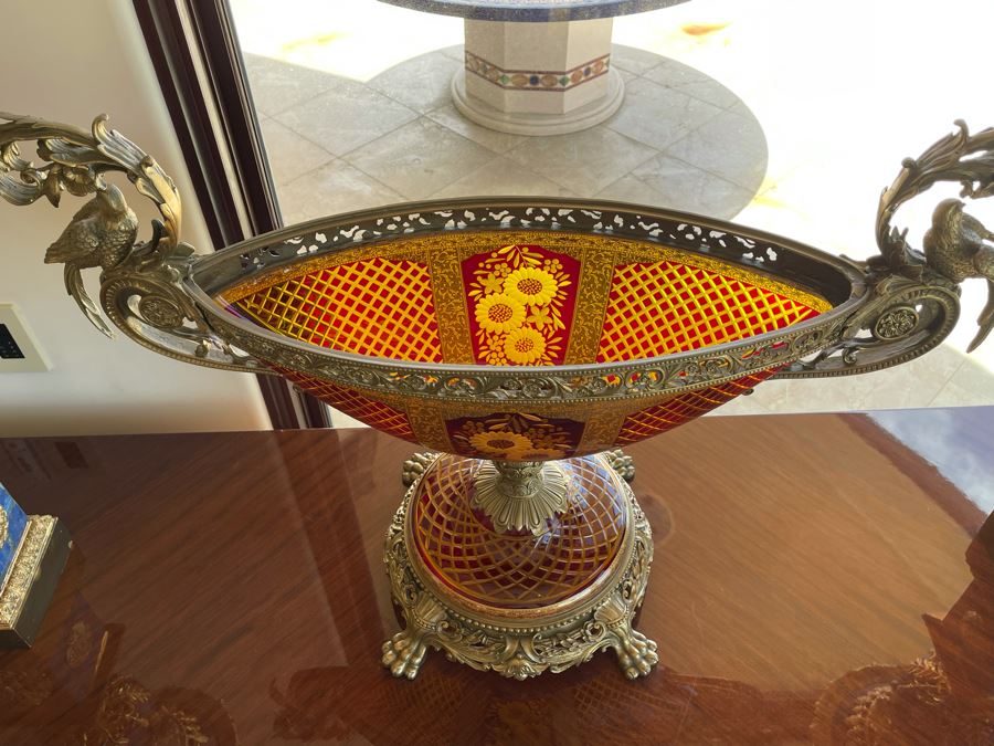 Large Etched Glass And Metal Centerpiece Footed Bowl 35W X 14D X 24H [Photo 7]
