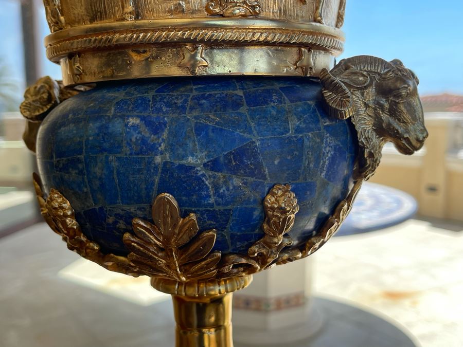 Pair Of Gilt Metal And Lapis Lazuli Decorative Urns With Figural Rams Head Decoration 12W X 27H [Photo 10]