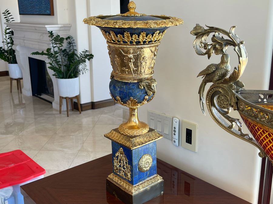 Pair Of Gilt Metal And Lapis Lazuli Decorative Urns With Figural Rams Head Decoration 12W X 27H [Photo 4]