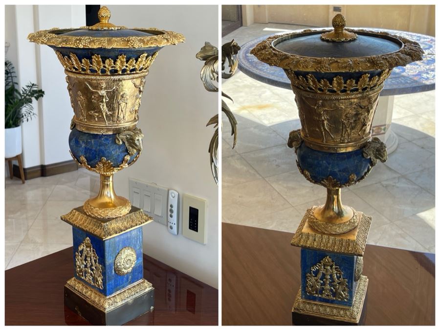 Pair Of Gilt Metal And Lapis Lazuli Decorative Urns With Figural Rams Head Decoration 12W X 27H